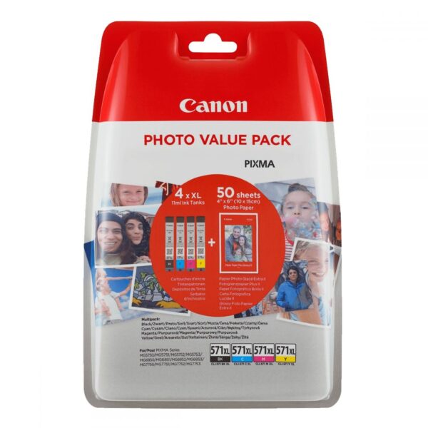 Ink Canon High Yield Value Pack CLI-571XLVP Black, Cyan, Magenta, Yellow  and 50 Sheets 10x15 cm Photo Paper