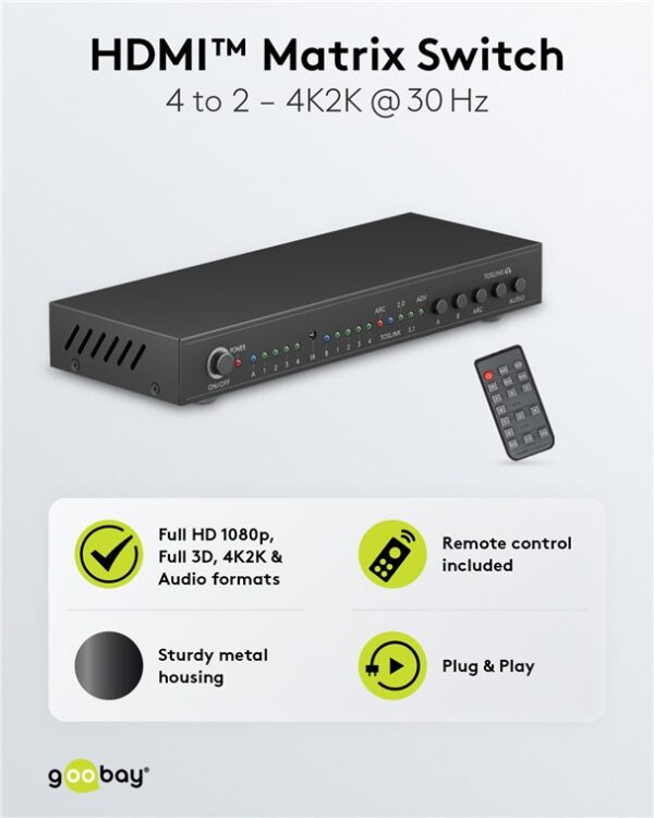 GOOBAY HDMI matrix switch 58478, τηλεχειριστήριο, 4 σε 2, 4K/30Hz, μαύρο