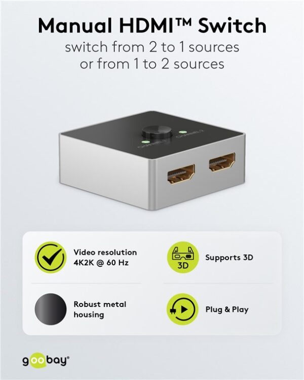 GOOBAY HDMI switch 58486, 2-in σε 1-out, 4K/60Hz, μαύρο