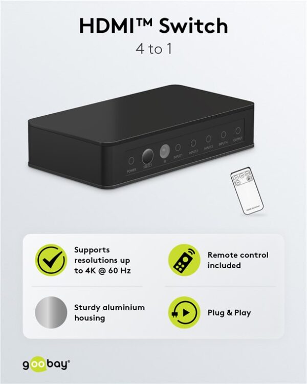 GOOBAY HDMI switch 58489 με τηλεχειριστήριο, 4 σε 1, 4K/60Hz, μαύρο