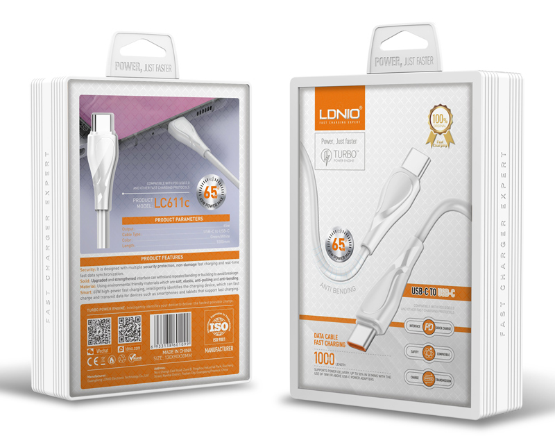 LDNIO καλώδιο USB-C σε USB-C LC611C, 65W PD, 1m, λευκό