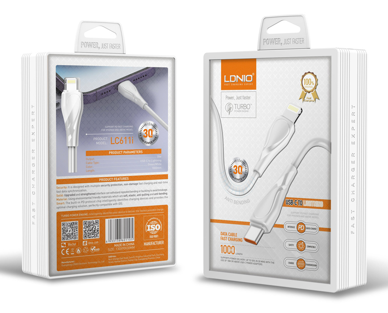 LDNIO καλώδιο Lightning σε USB-C LC611I, 30W PD, 1m, λευκό