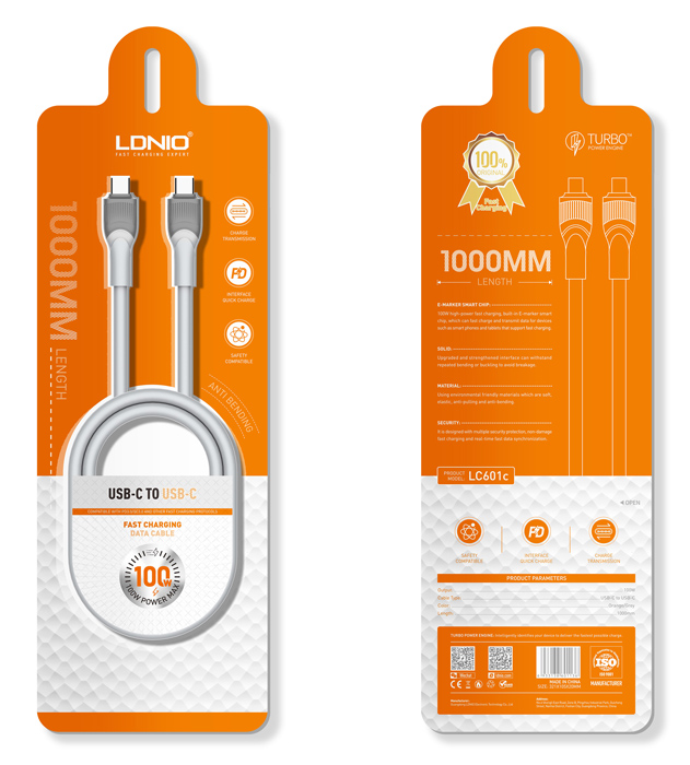 LDNIO καλώδιο USB-C σε USB-C LC601C, 100W PD, 1m, γκρι