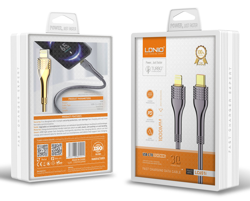 LDNIO καλώδιο Lightning σε USB-C LC651I, 30W, 1m, χρυσό