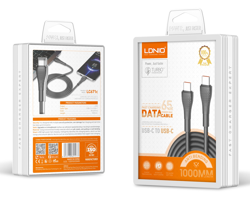 LDNIO καλώδιο USB-C σε USB-C LC671C, 65W PD, 1m, γκρι