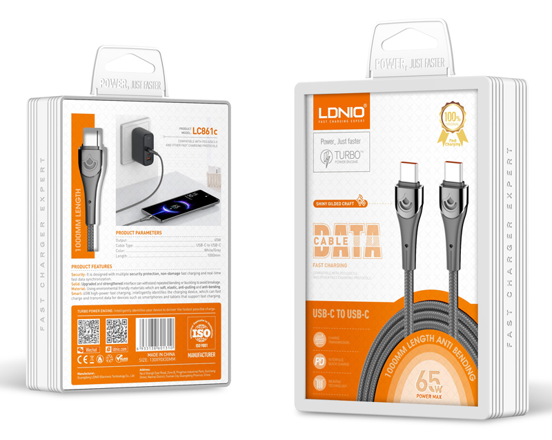 LDNIO καλώδιο USB-C σε USB-C LC861C, 65W PD, 1m, γκρι