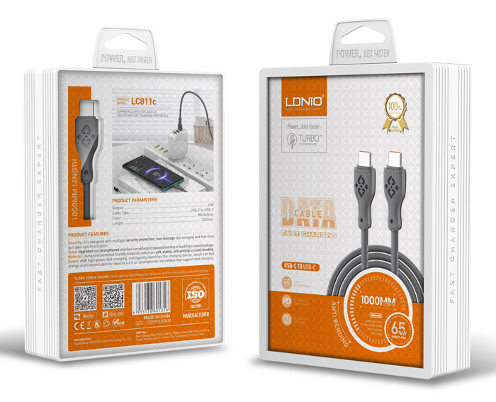 LDNIO καλώδιο USB-C σε USB-C LC811C, 65W PD, 1m, γκρι