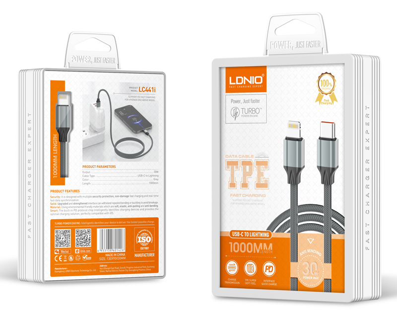 LDNIO καλώδιο Lightning σε USB-C LC441I, 30W PD, 1m, γκρι