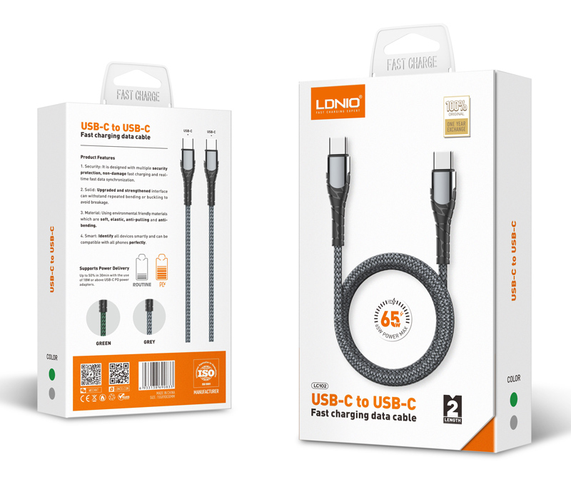 LDNIO καλώδιο USB-C σε USB-C LC102, 65W PD, 2m, γκρι