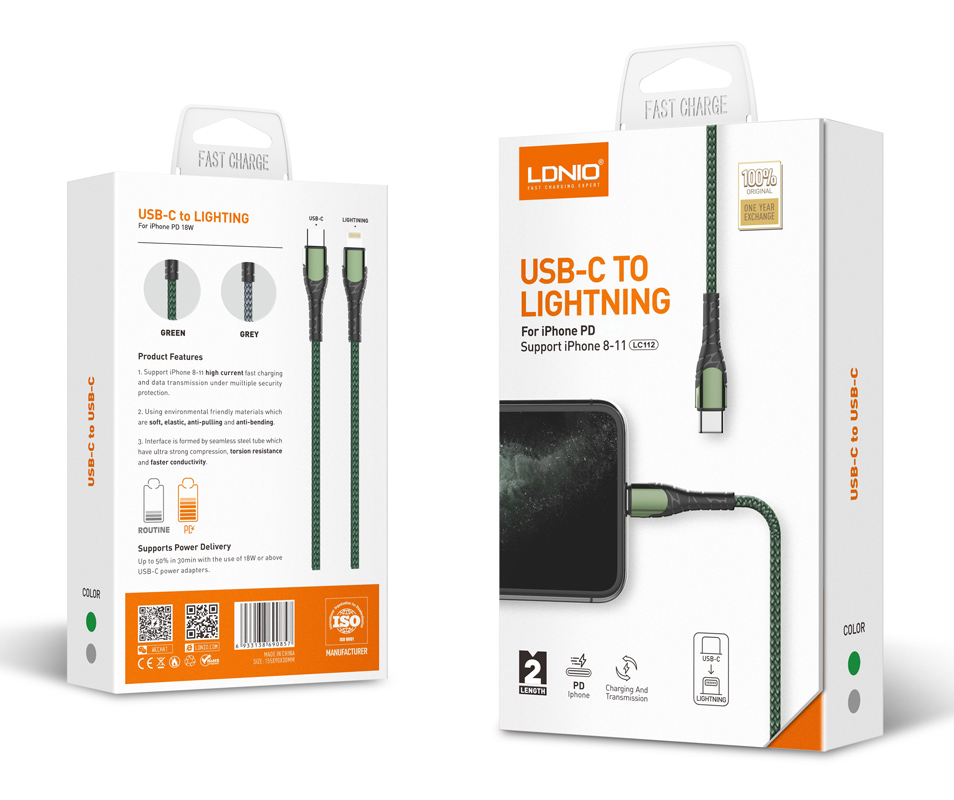 LDNIO καλώδιο Lightning σε USB-C LC112, 30W PD, 2m, γκρι