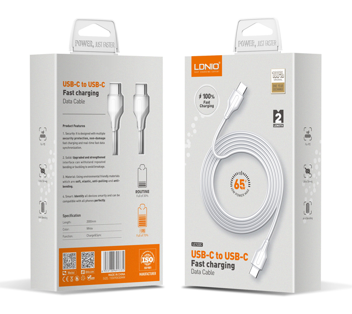 LDNIO καλώδιο USB-C σε USB-C LC122C, 65W PD, 2m, λευκό