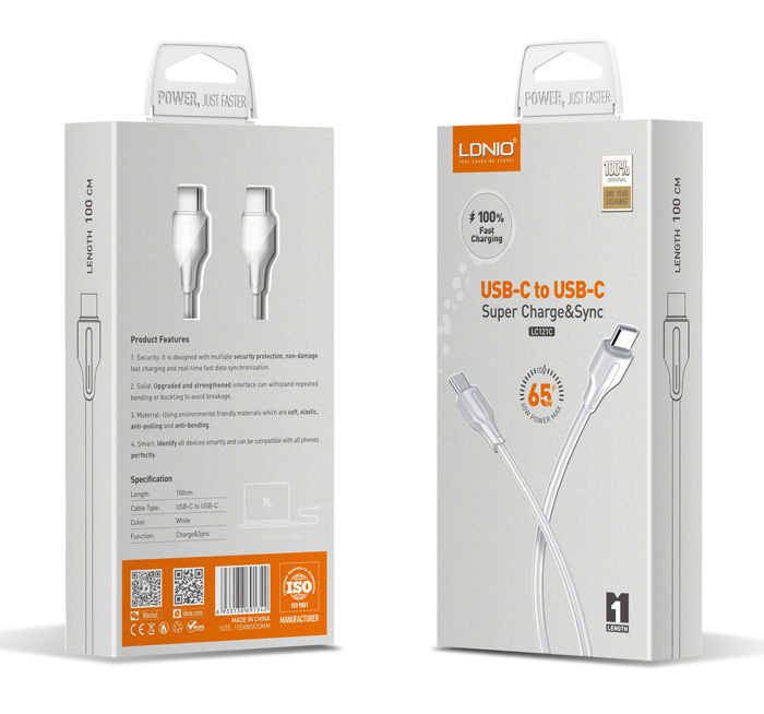 LDNIO καλώδιο USB-C σε USB-C LC121C, 65W PD, 1m, λευκό