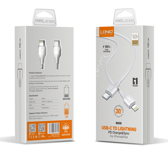 LDNIO καλώδιο Lightning σε USB-C LC121I, 30W PD, 1m, λευκό