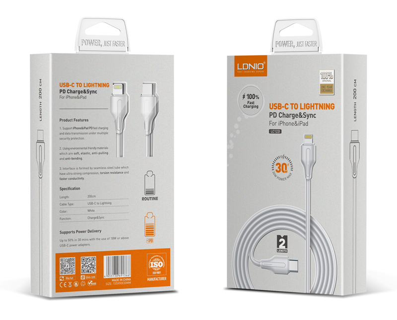 LDNIO καλώδιο Lightning σε USB-C LC122I, 30W PD, 2m, λευκό
