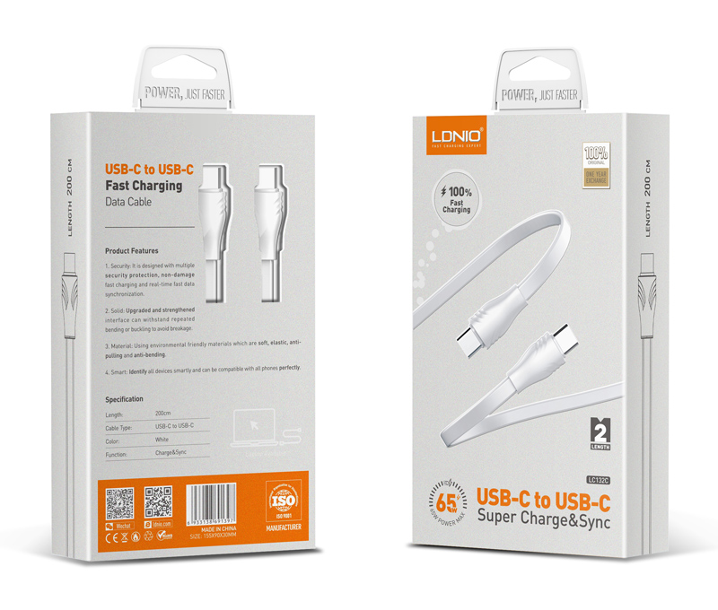 LDNIO καλώδιο USB-C σε USB-C LC132C, 65W PD, 2m, λευκό