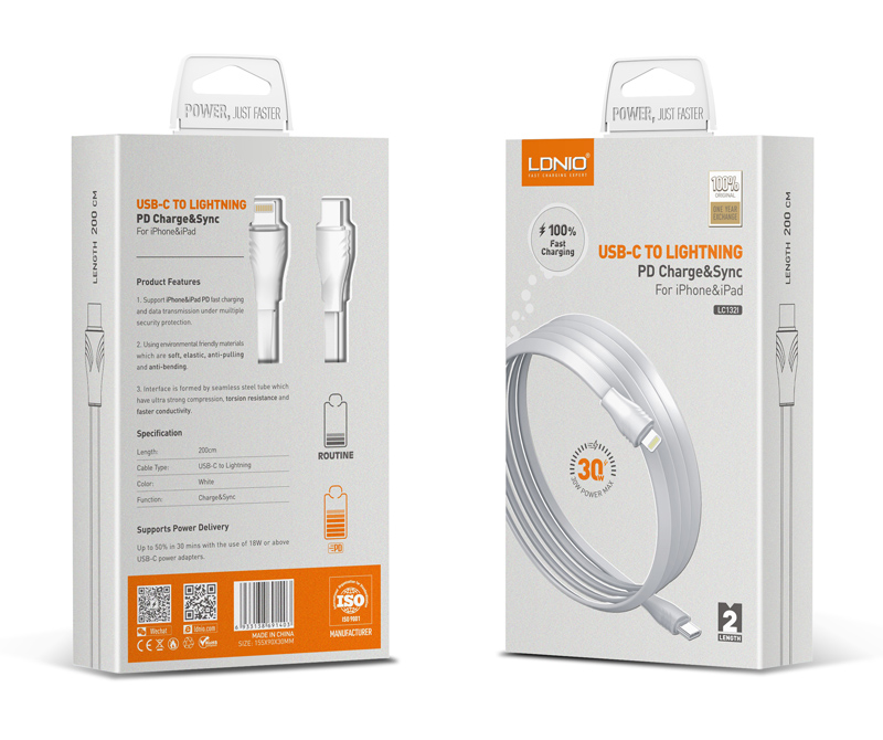 LDNIO καλώδιο Lightning σε USB-C LC132I, 30W PD, 2m, λευκό