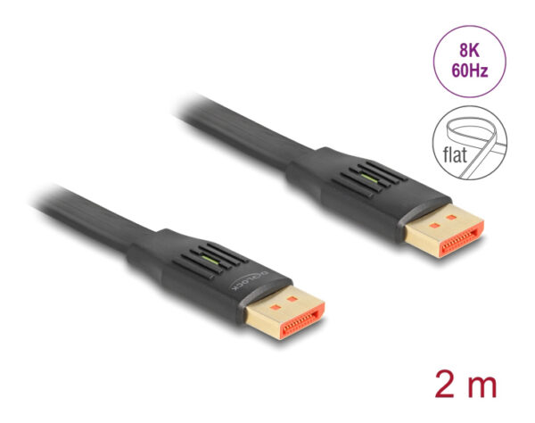 DELOCK καλώδιο DisplayPort 81006, flat, 8K/60Hz 32.4 Gbps HDR, 2m, μαύρο