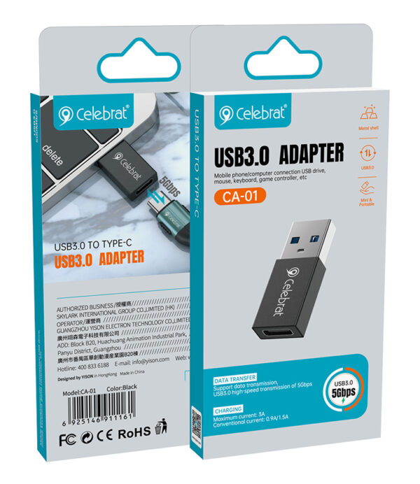 CELEBRAT αντάπτορας USB 3.0 σε USB-C CA-01, 3A, 5Gbps, μαύρος