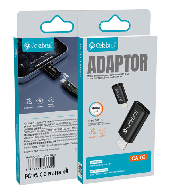 CELEBRAT αντάπτορας Lightning σε USB-C CA-03, 2A, 480Mbps, μαύρος