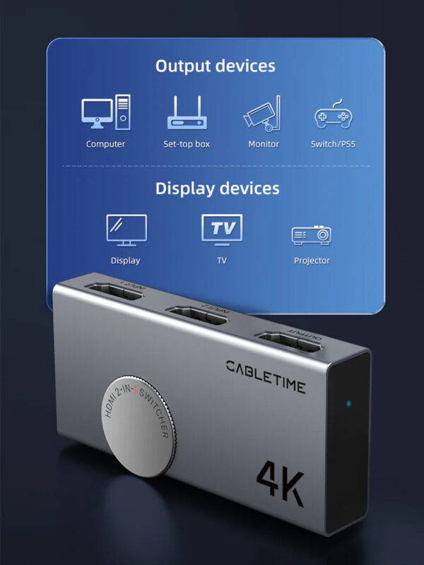 CABLETIME HDMI switch CT-HS4K-AG, 2 σε 1, 4K/60Hz, bi-directional, γκρι