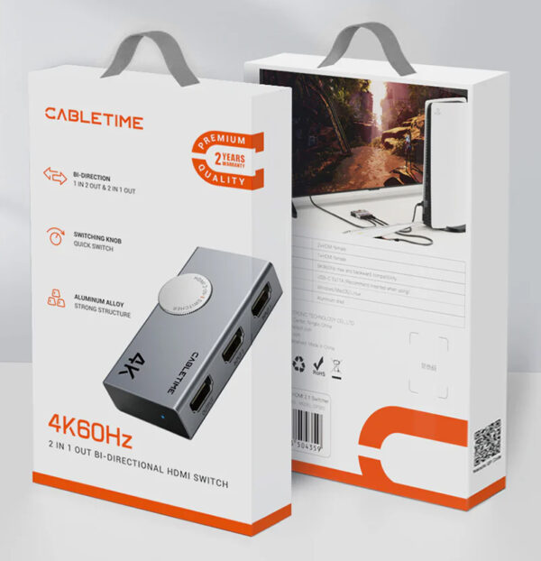 CABLETIME HDMI switch CT-HS4K-AG, 2 σε 1, 4K/60Hz, bi-directional, γκρι