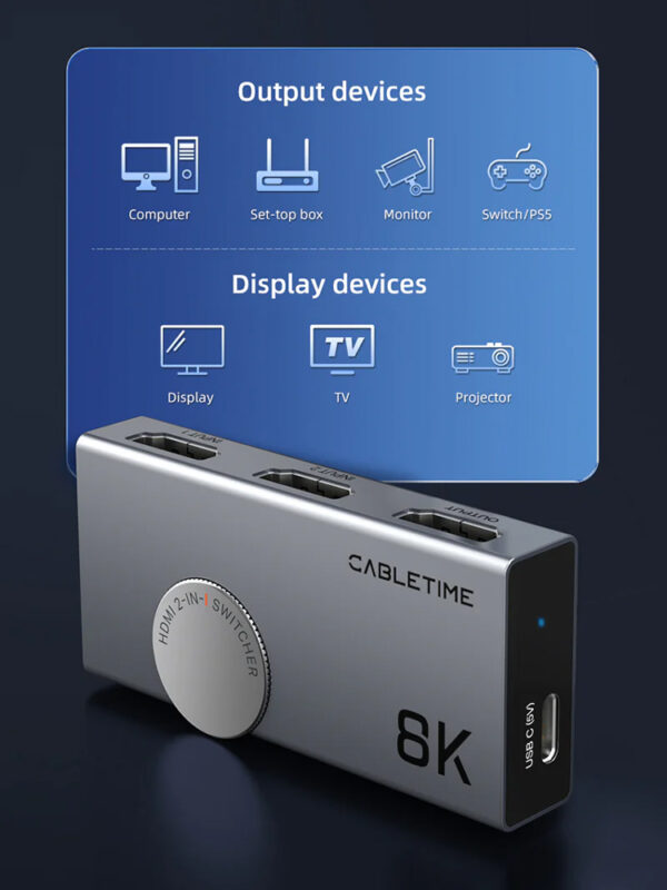 CABLETIME HDMI switch CT-HS8K2-AG, 2 σε 1, 8K/60Hz, 4K/120Hz, γκρι