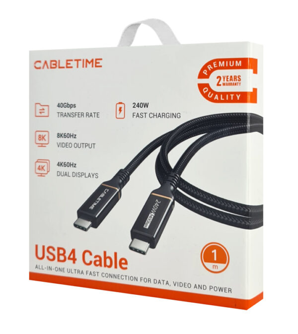 CABLETIME καλώδιο USB-C σε USB-C CT-USB4, 240W, 40Gbps, 8K/60Hz, USB4, 1m, μαύρο