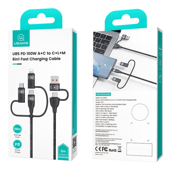 USAMS καλώδιο USB/USB-C σε 3 in 1 US-SJ646, PD 100W, 2m, μαύρο