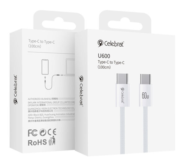 CELEBRAT καλώδιο USB-C U600, 60W, 480Mbps, 1m, λευκό