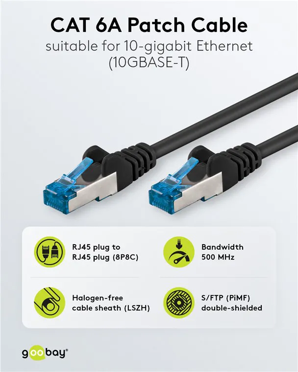 GOOBAY καλώδιο δικτύου 93685, CAT 6A S/FTP, 500MHz, Copper, 1m, μαύρο