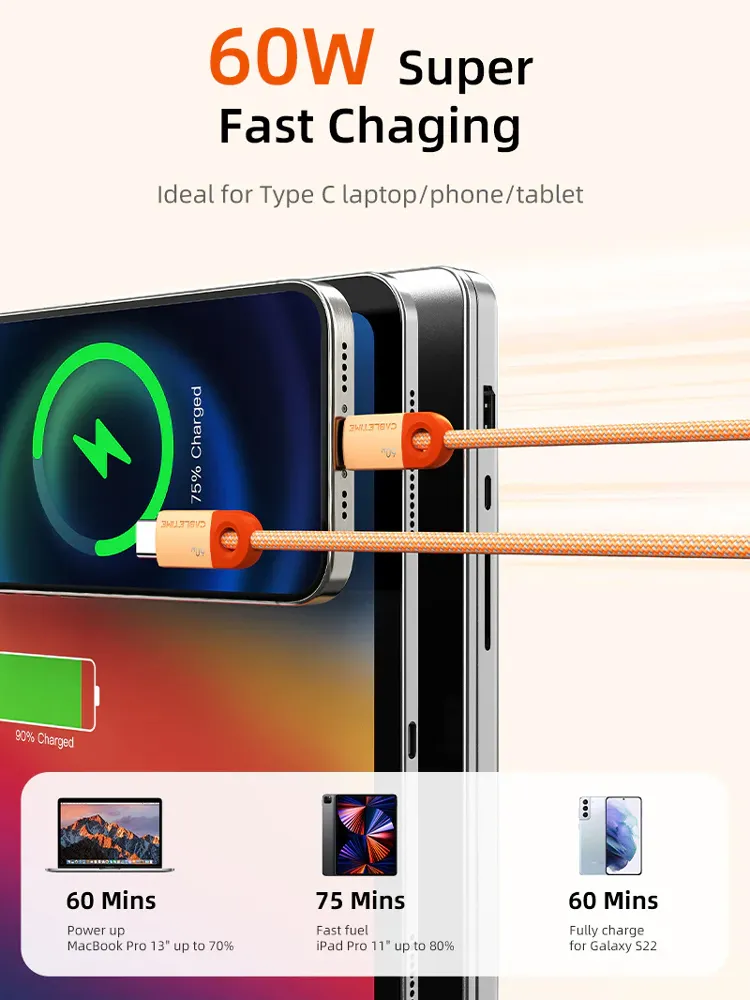 CABLETIME καλώδιο USB-C CT-CM60-PBW, 60W PD, 480Mbps, 0.25m, μαύρο