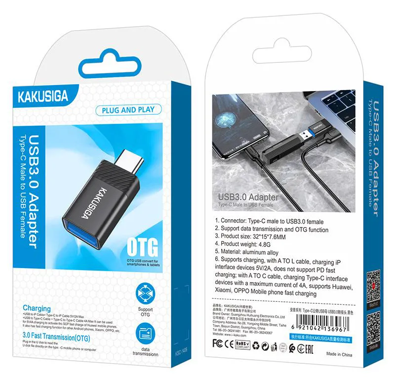 KAKUSIGA αντάπτορας USB-C σε USB KSC-1406, 5Gbps, 4A, μαύρος