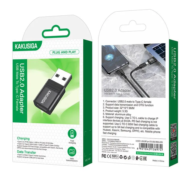 KAKUSIGA αντάπτορας USB-C σε USB KSC-1407, 480Mbps, 60W, μαύρος