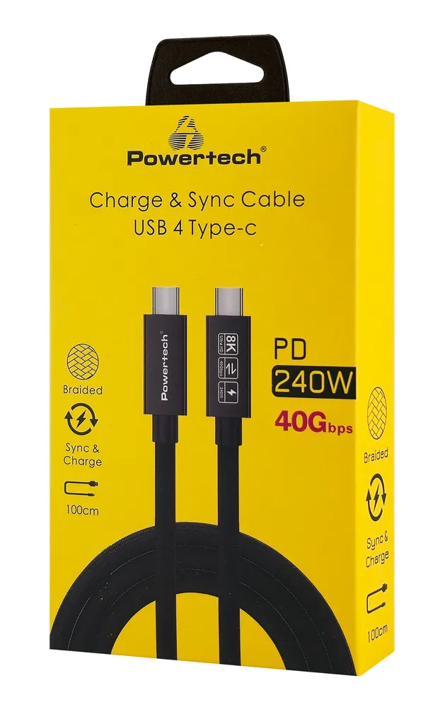 POWERTECH καλώδιο USB-C PTR-0165, USB4, 240W, 40Gbps, 8K/60Hz, 1m, μαύρο