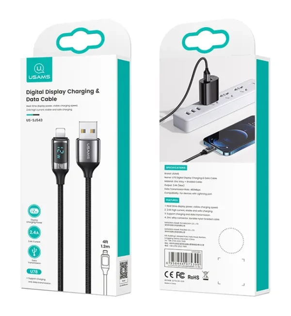 USAMS καλώδιο Lightning σε USB US-SJ543, 2.4A, 1.2m, μαύρο