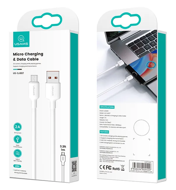 USAMS καλώδιο micro USB σε USB US-SJ607, 2A, 1m, λευκό