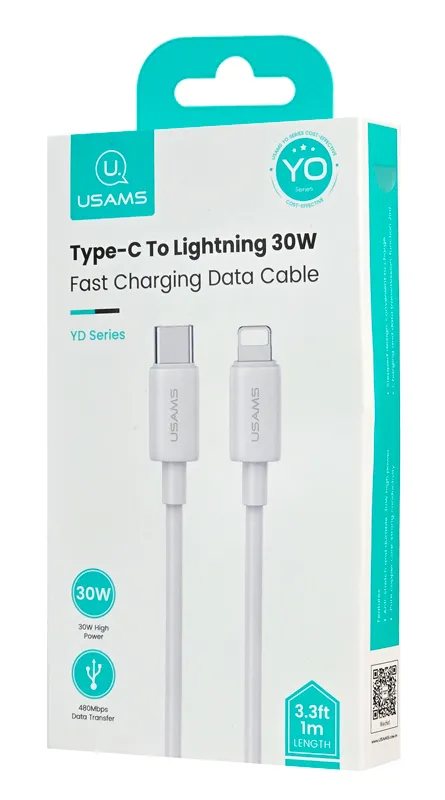 USAMS καλώδιο Lightning σε USB-C US-SJ712, 30W, 480Mbps, 1m, λευκό