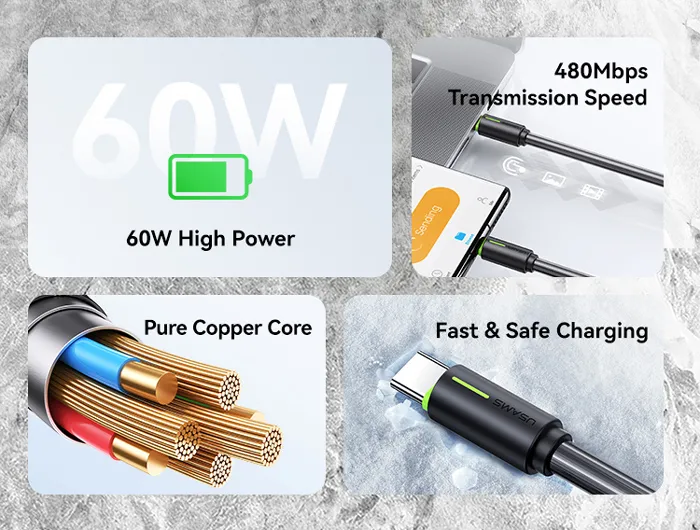 USAMS καλώδιο USB-C US-SJ734, 60W, 480Mbps, 1m, λευκό