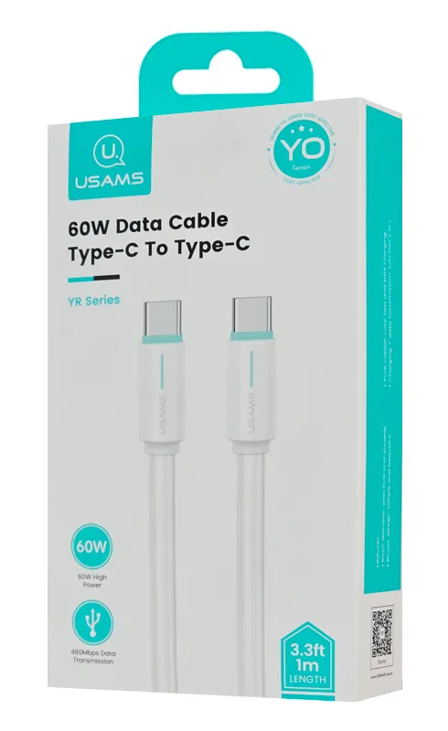 USAMS καλώδιο USB-C US-SJ734, 60W, 480Mbps, 1m, λευκό