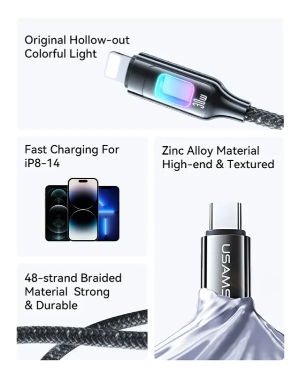USAMS καλώδιο Lightning σε USB-C SJ749, 30W, 480Mbps, 1.2m, μαύρο