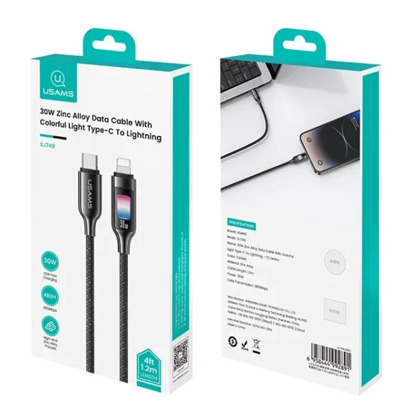 USAMS καλώδιο Lightning σε USB-C SJ749, 30W, 480Mbps, 1.2m, μαύρο