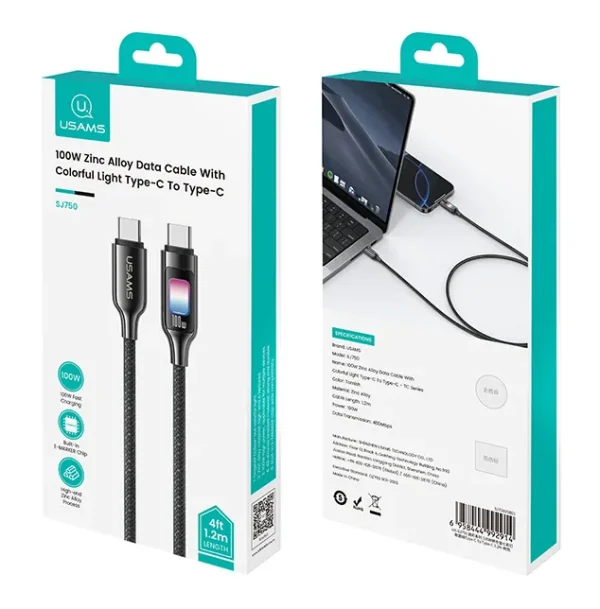 USAMS καλώδιο USB-C SJ750, 100W, 480Mbps, 1.2m, μαύρο