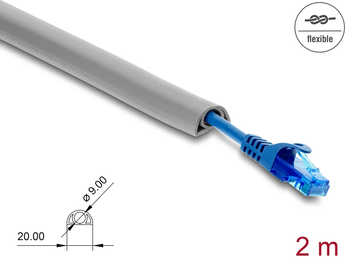 DELOCK κανάλι καλωδίων 20765 με αυτοκόλλητο, εύκαμπτο PVC, 20x10mm, 2m, γκρι