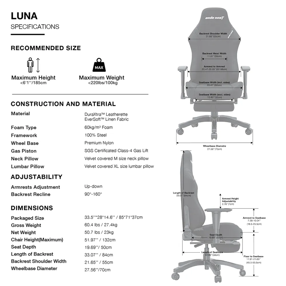 ANDA SEAT Gaming Chair LUNA PRO Black Fabric w / Footrest