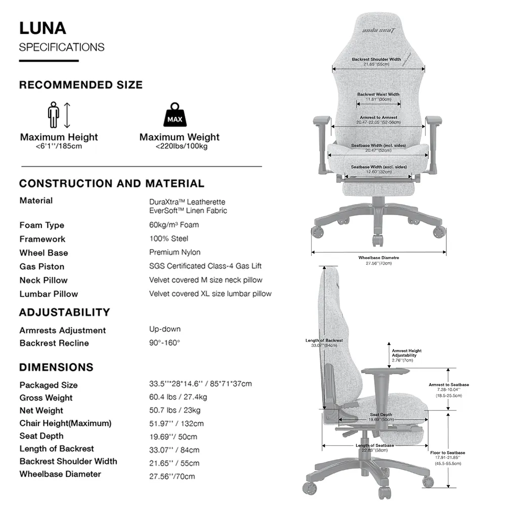 ANDA SEAT Gaming Chair LUNA PRO Grey Fabric w / Footrest